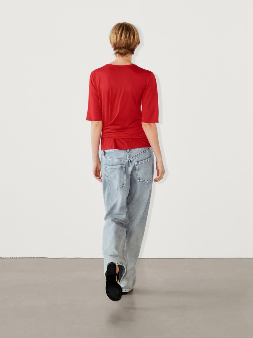 Massimo Dutti Short Sleeve With Tie Detail Women T-Shirt Red | US-OP0469318