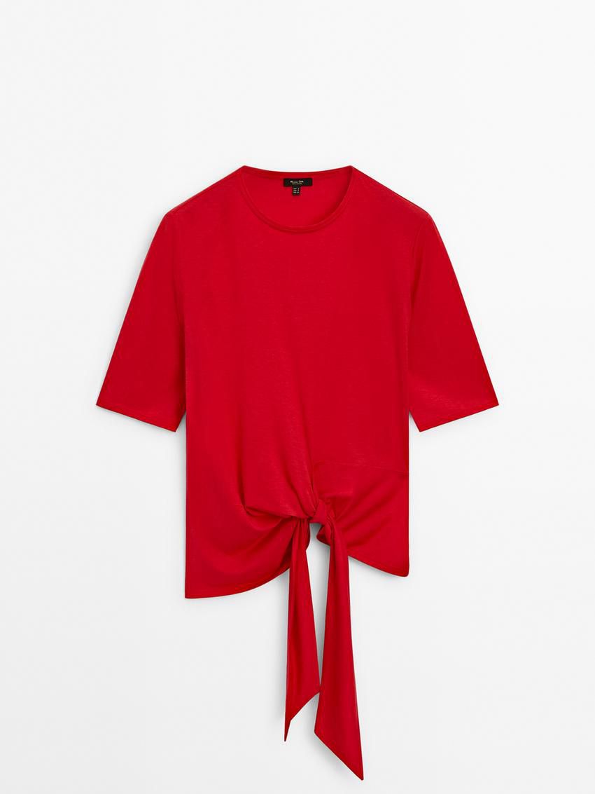 Massimo Dutti Short Sleeve With Tie Detail Women T-Shirt Red | US-OP0469318