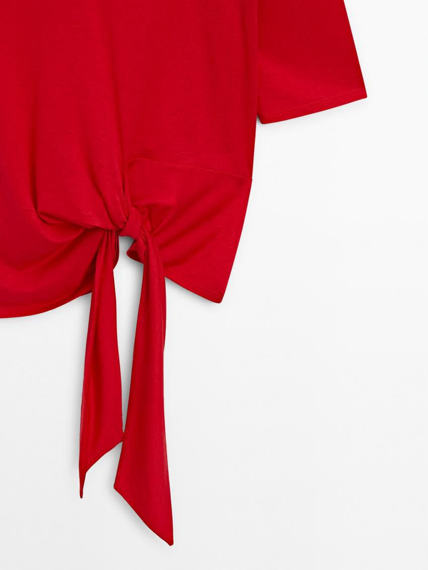 Massimo Dutti Short Sleeve With Tie Detail Women T-Shirt Red | US-OP0469318