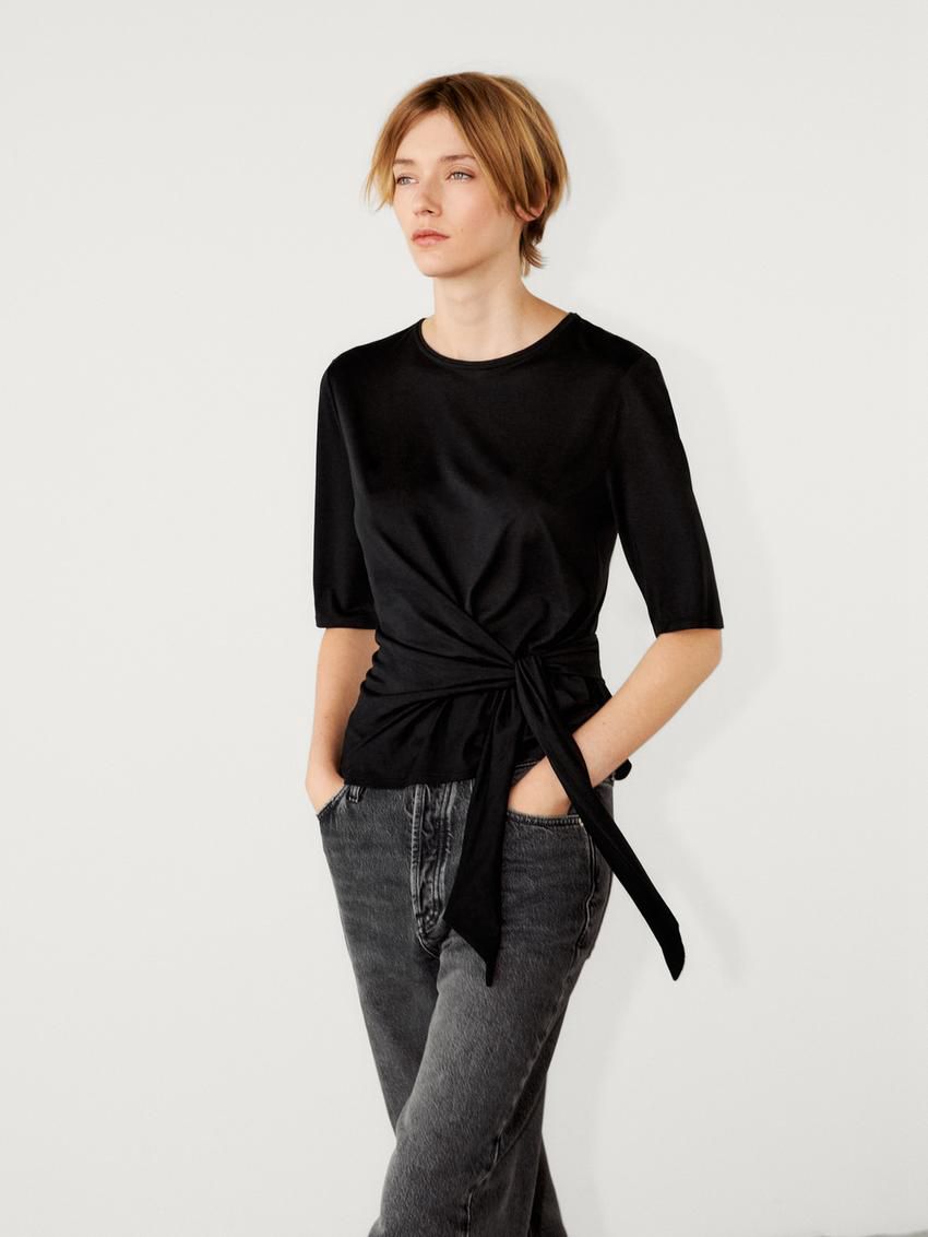 Massimo Dutti Short Sleeve With Tie Detail Women T-Shirt Black | US-YT9254861