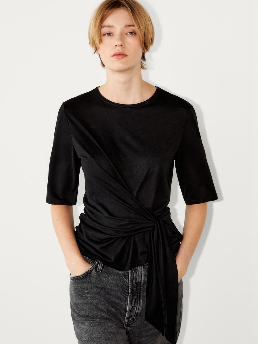 Massimo Dutti Short Sleeve With Tie Detail Women T-Shirt Black | US-YT9254861