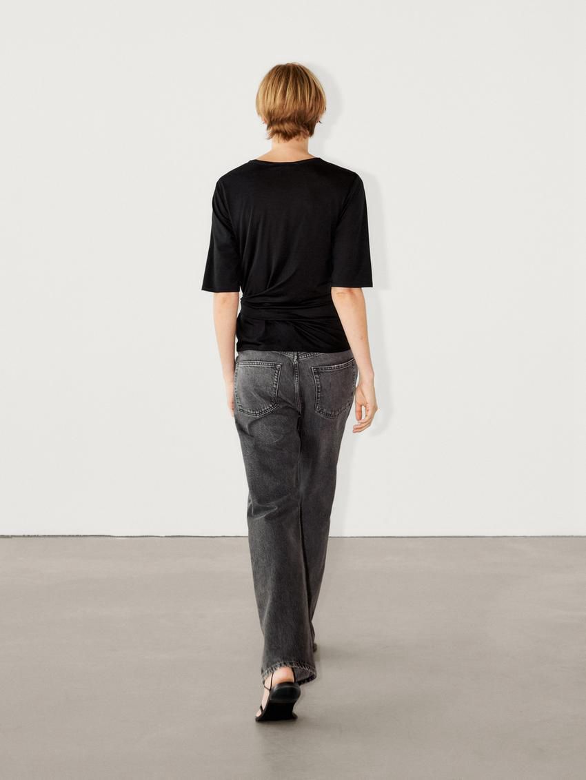 Massimo Dutti Short Sleeve With Tie Detail Women T-Shirt Black | US-YT9254861