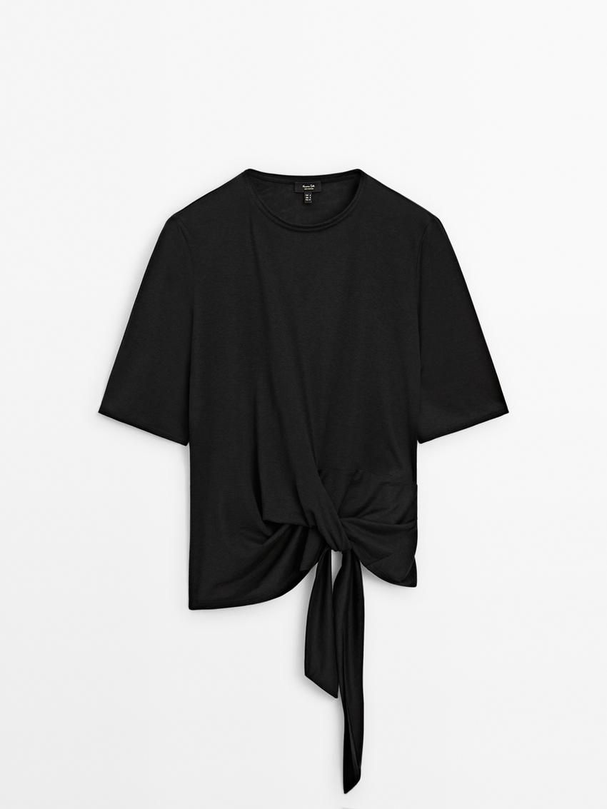 Massimo Dutti Short Sleeve With Tie Detail Women T-Shirt Black | US-YT9254861