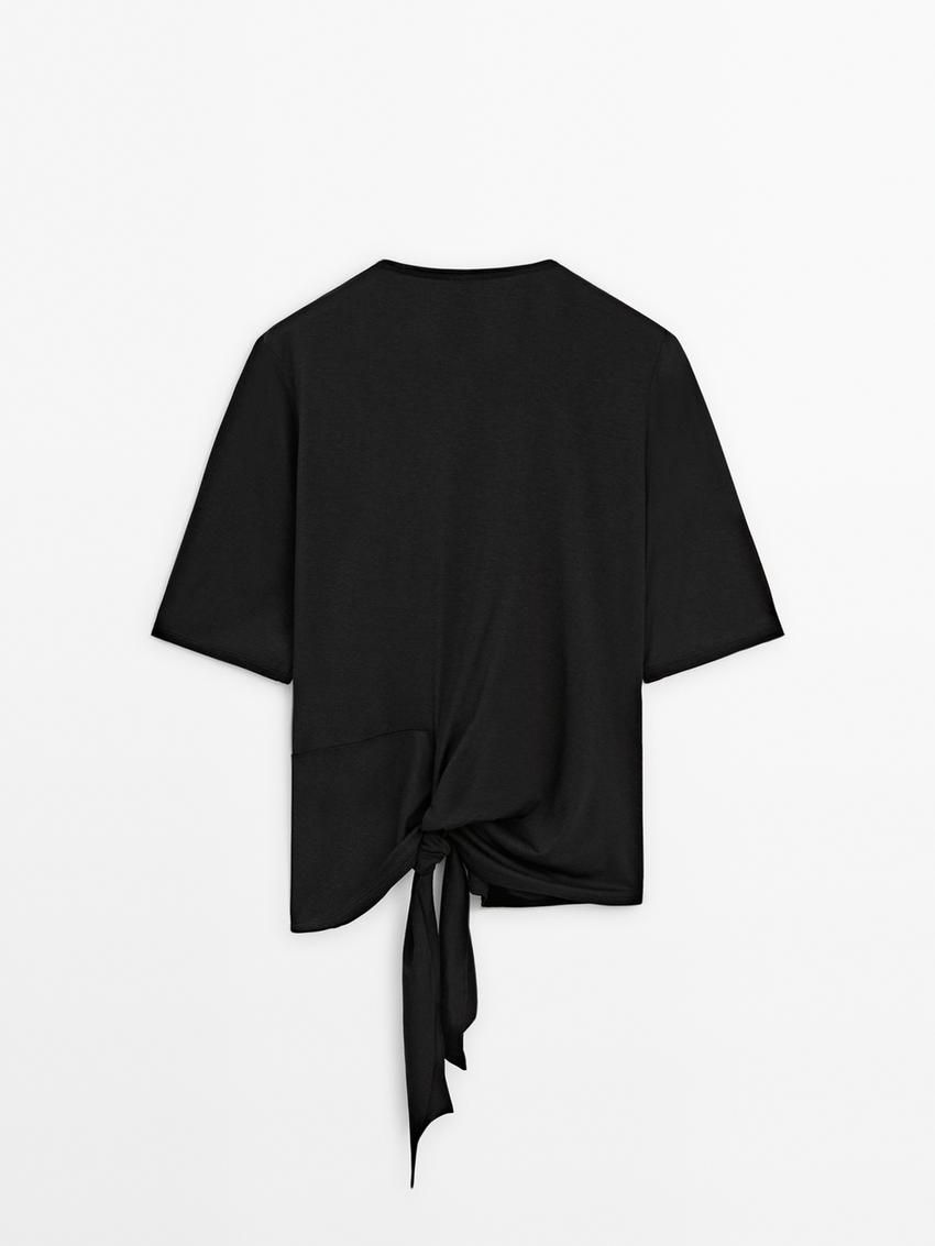 Massimo Dutti Short Sleeve With Tie Detail Women T-Shirt Black | US-YT9254861