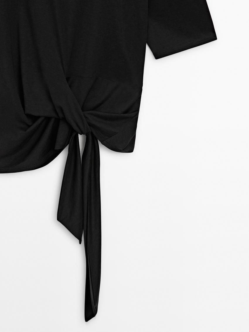 Massimo Dutti Short Sleeve With Tie Detail Women T-Shirt Black | US-YT9254861