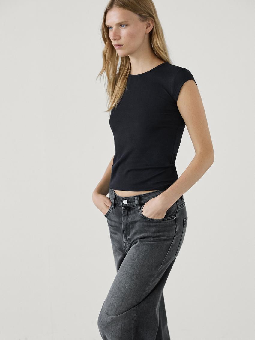 Massimo Dutti Short Sleeve Women T-Shirt Navy | US-GX0986132