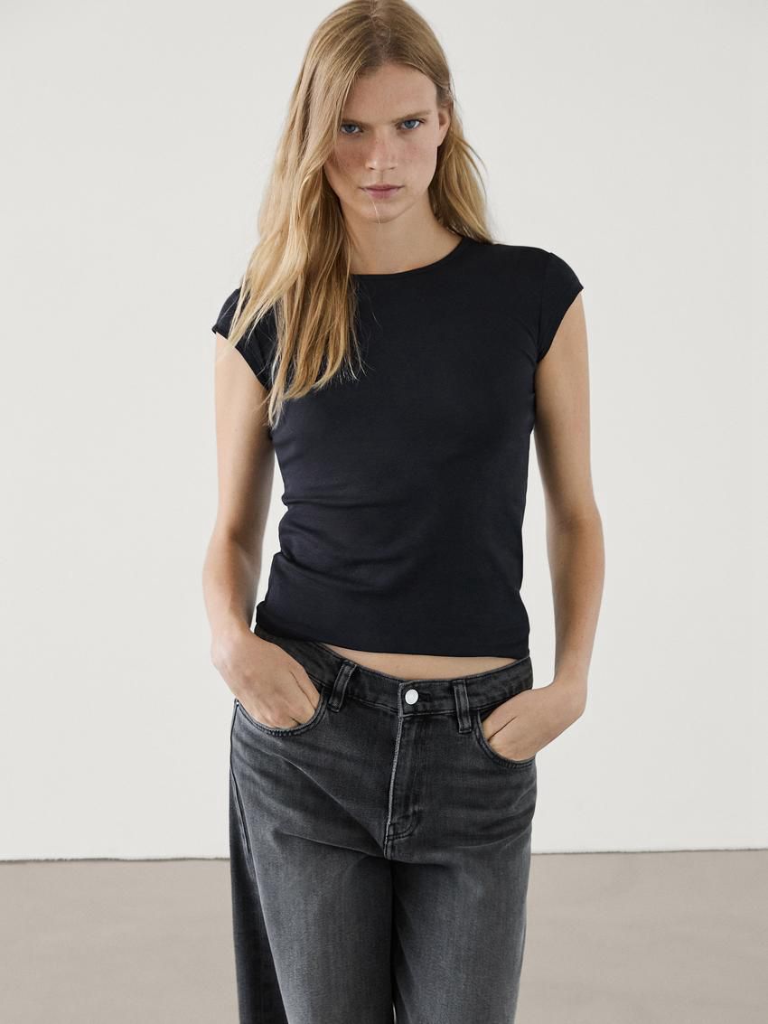 Massimo Dutti Short Sleeve Women T-Shirt Navy | US-GX0986132