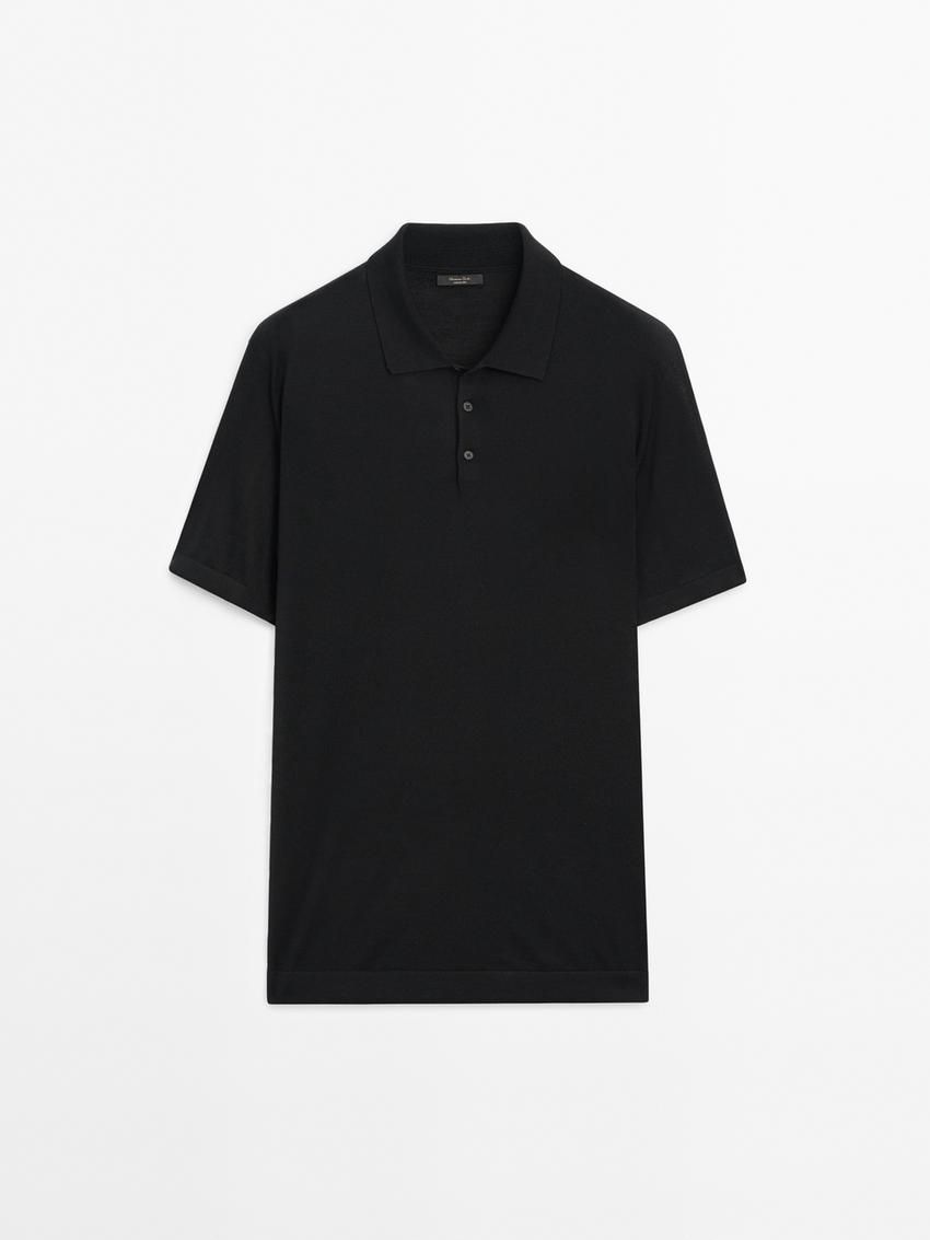 Massimo Dutti Short Sleeve Wool Blend Sweater Men Polo Shirt Black | US-UY8074236
