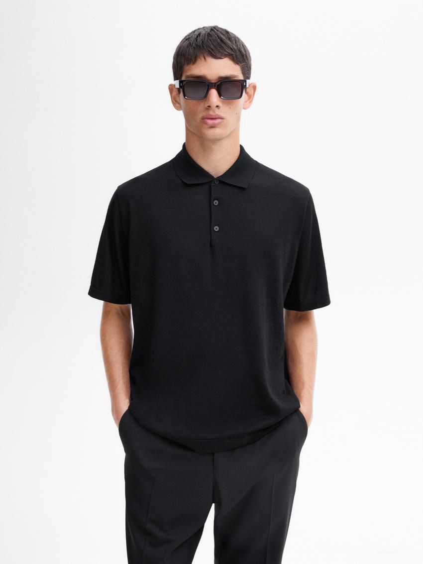 Massimo Dutti Short Sleeve Wool Blend Sweater Men Polo Shirt Black | US-UY8074236