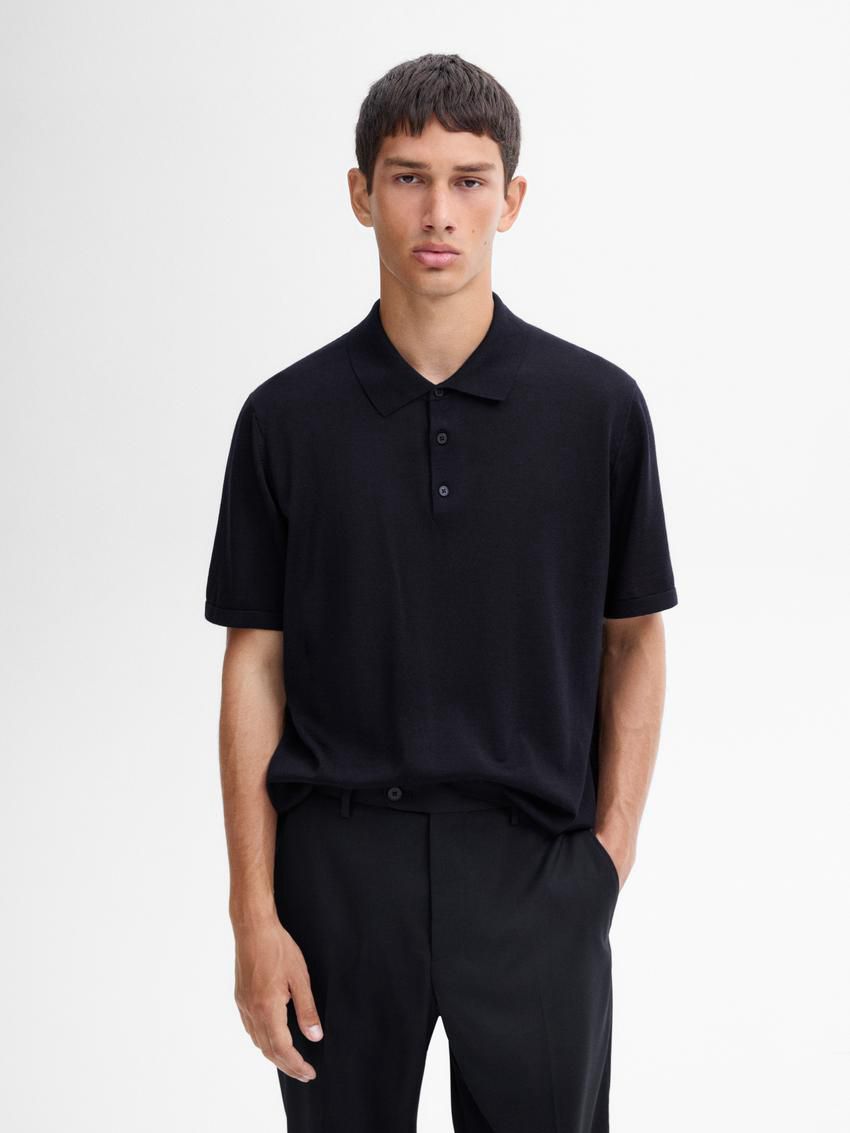 Massimo Dutti Short Sleeve Wool Blend Sweater Men Polo Shirt Navy | US-JC9024567
