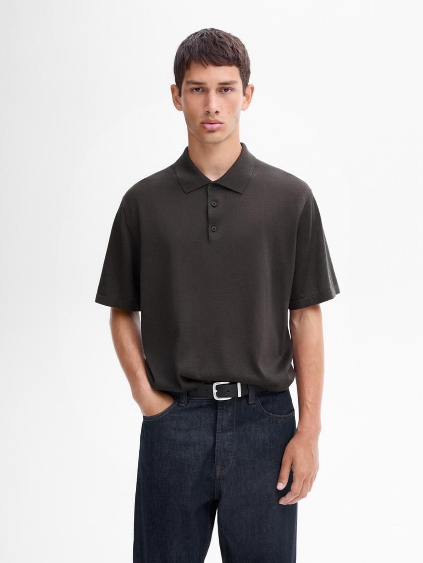 Massimo Dutti Short Sleeve Wool Blend Sweater Men Polo Shirt Dark Grey | US-PO4385769