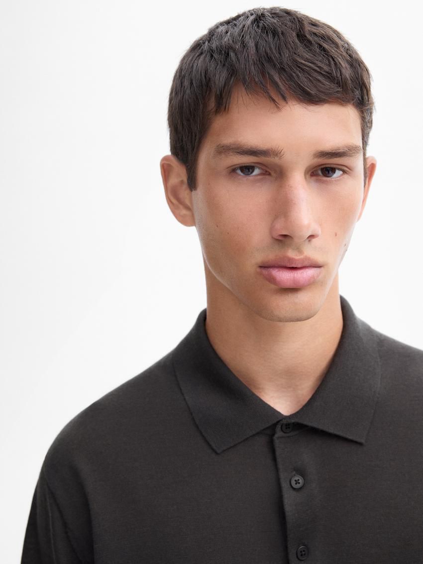 Massimo Dutti Short Sleeve Wool Blend Sweater Men Polo Shirt Dark Grey | US-PO4385769