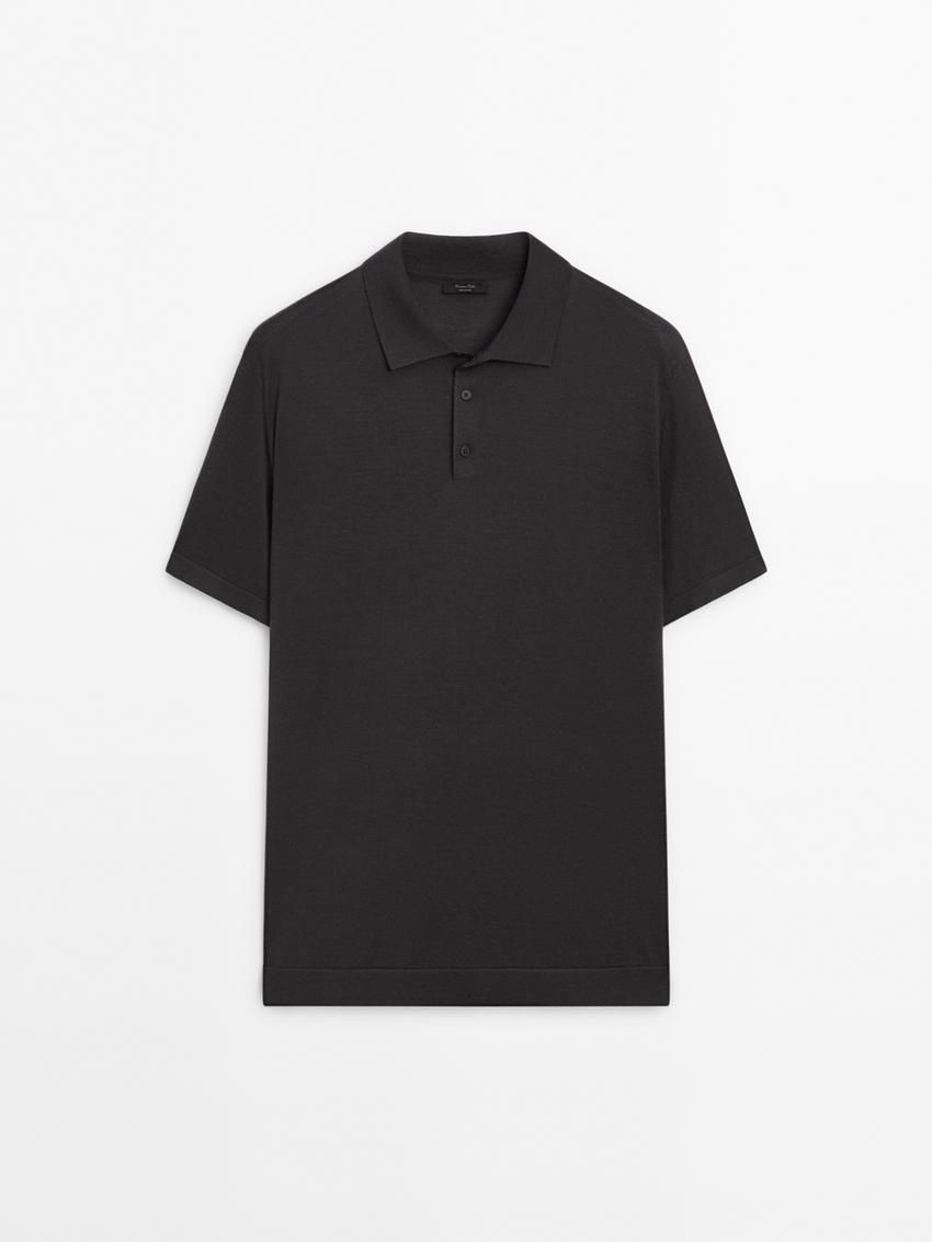 Massimo Dutti Short Sleeve Wool Blend Sweater Men Polo Shirt Dark Grey | US-PO4385769