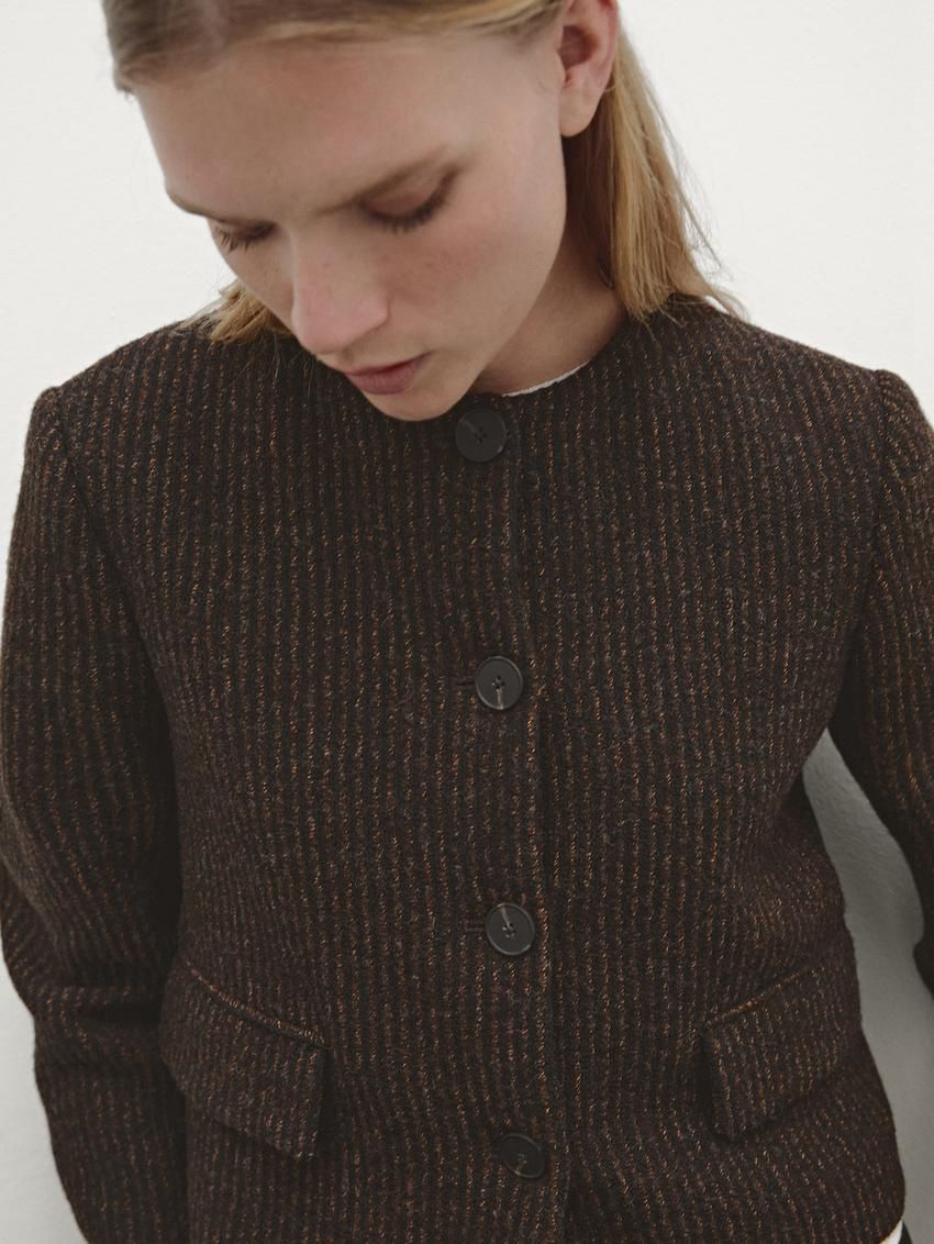 Massimo Dutti Short Striped Wool Blend Women Jacket Dark Brown | US-UB6372105