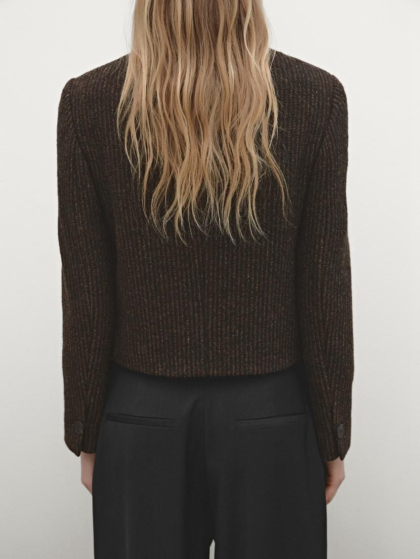 Massimo Dutti Short Striped Wool Blend Women Jacket Dark Brown | US-UB6372105