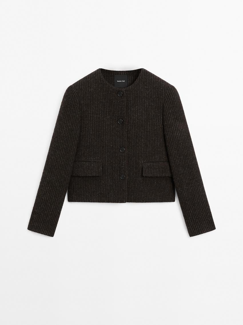Massimo Dutti Short Striped Wool Blend Women Jacket Dark Brown | US-UB6372105