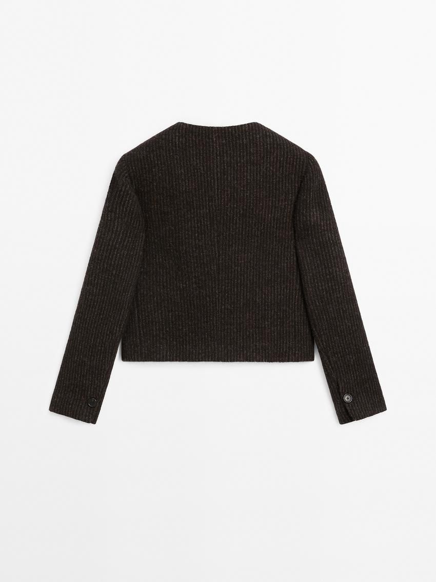 Massimo Dutti Short Striped Wool Blend Women Jacket Dark Brown | US-UB6372105