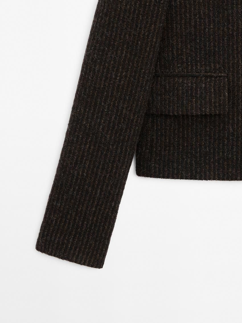 Massimo Dutti Short Striped Wool Blend Women Jacket Dark Brown | US-UB6372105
