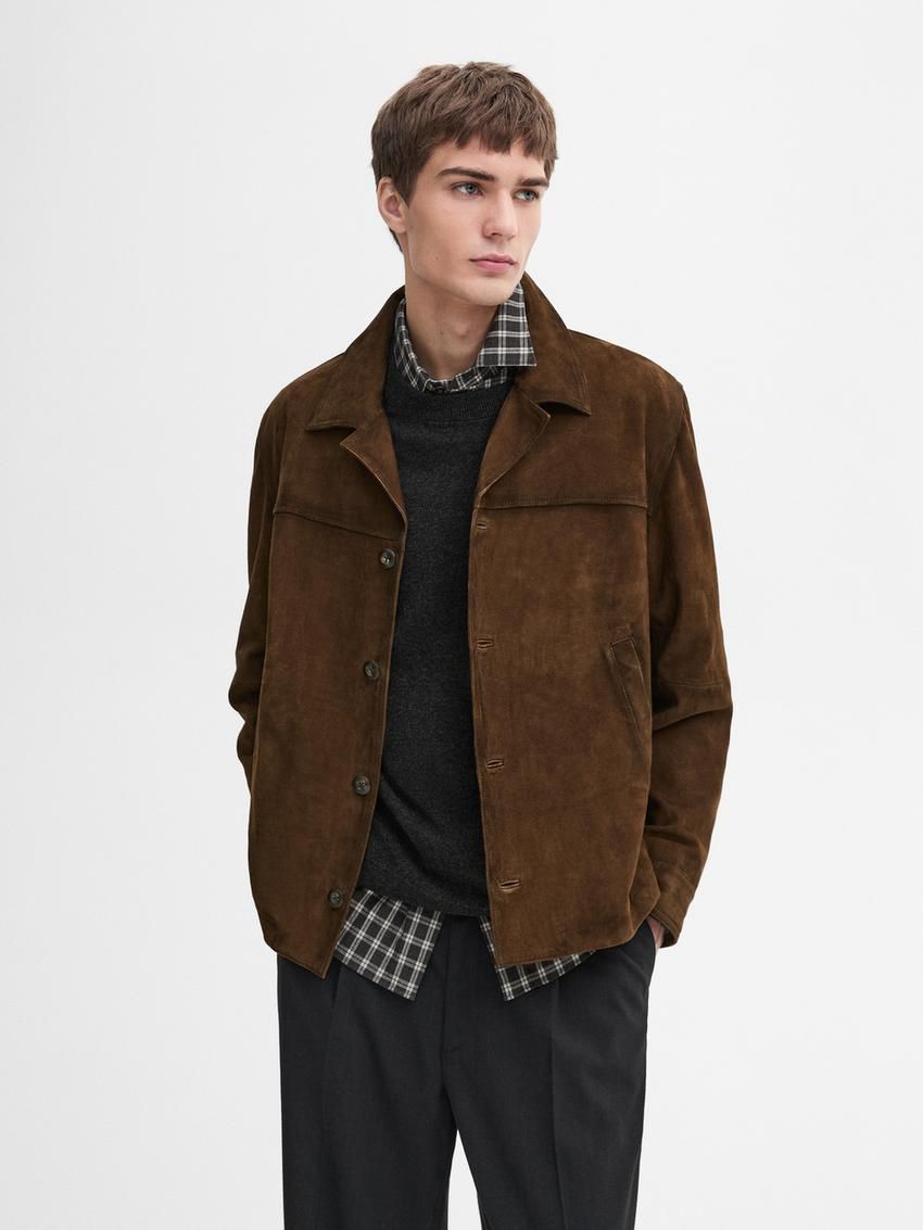 Massimo Dutti Short Suede Men Leather Jacket Dark Brown | US-IC7369041