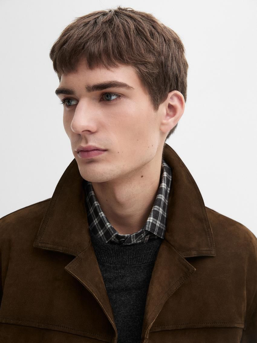 Massimo Dutti Short Suede Men Leather Jacket Dark Brown | US-IC7369041