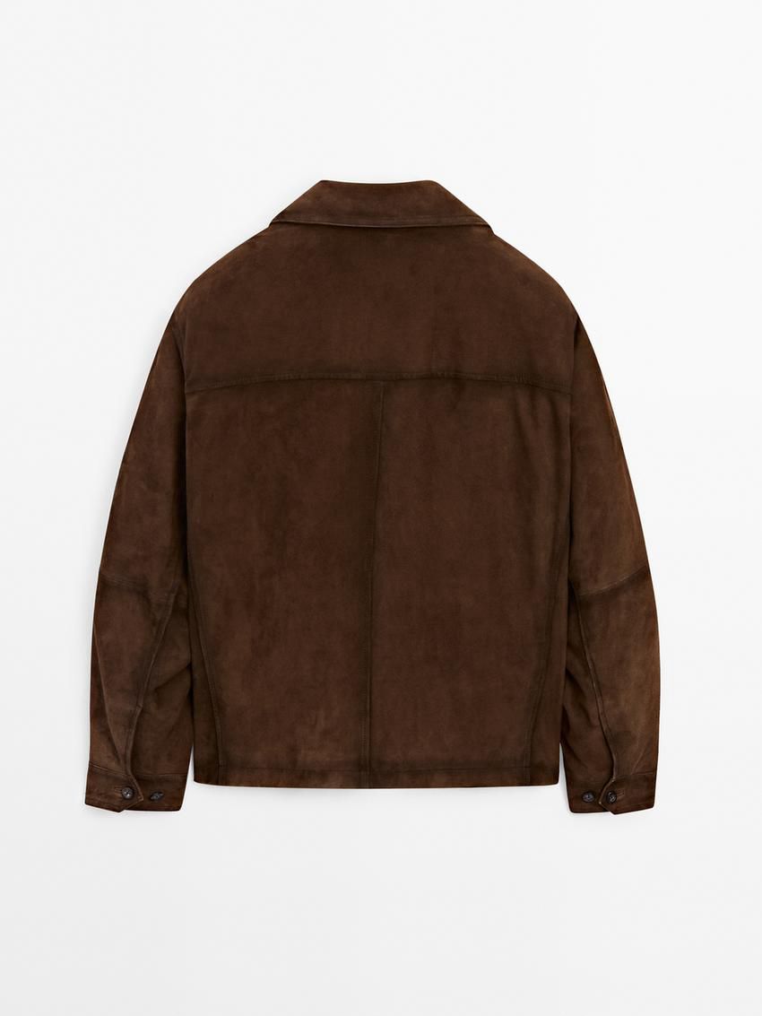 Massimo Dutti Short Suede Men Leather Jacket Dark Brown | US-IC7369041