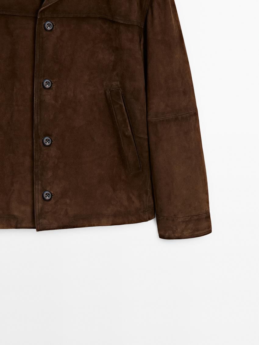 Massimo Dutti Short Suede Men Leather Jacket Dark Brown | US-IC7369041
