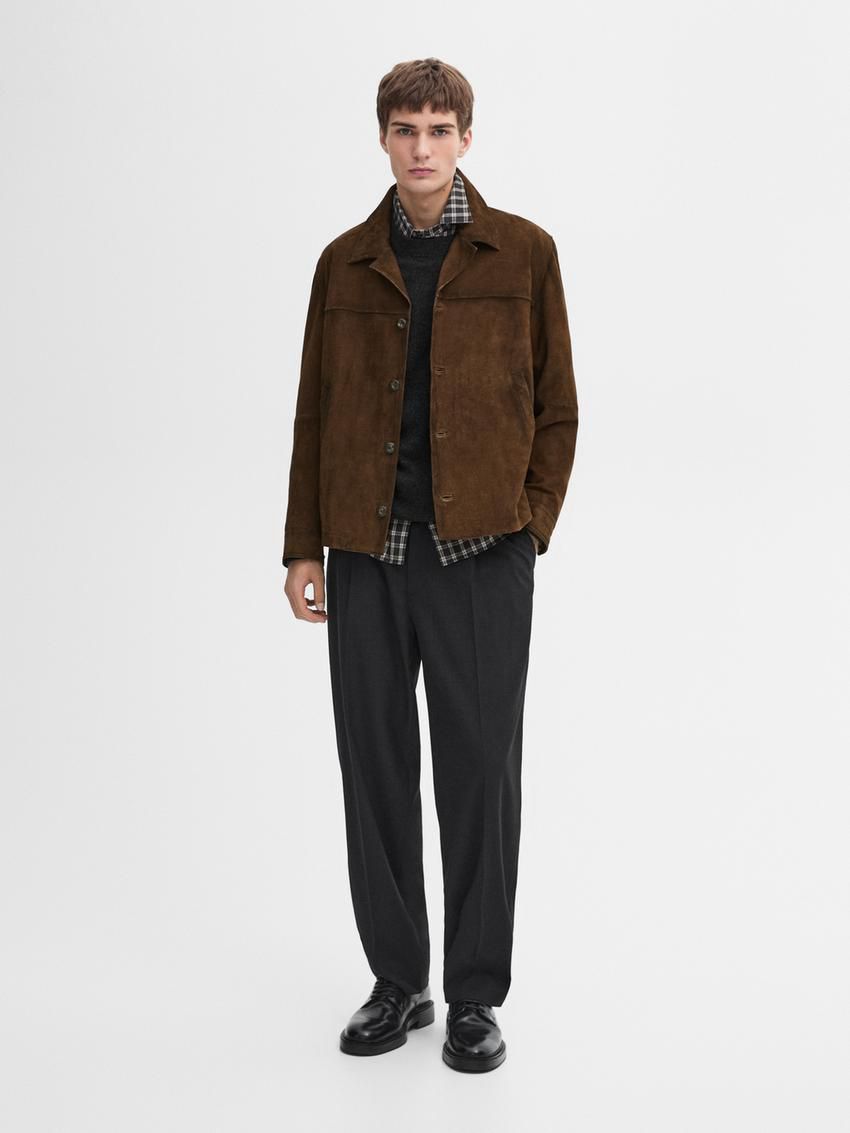 Massimo Dutti Short Suede Men Leather Jacket Dark Brown | US-IC7369041
