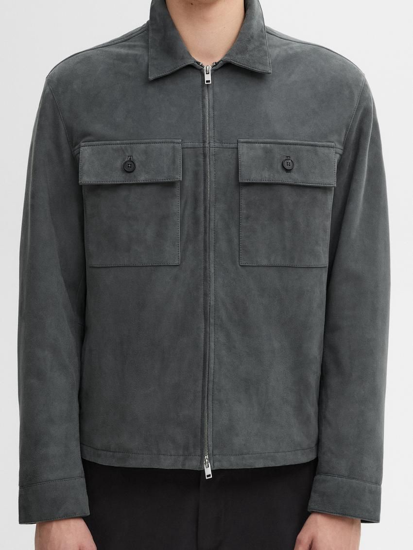 Massimo Dutti Short Suede Men Leather Jacket Blue Grey | US-SY1485637