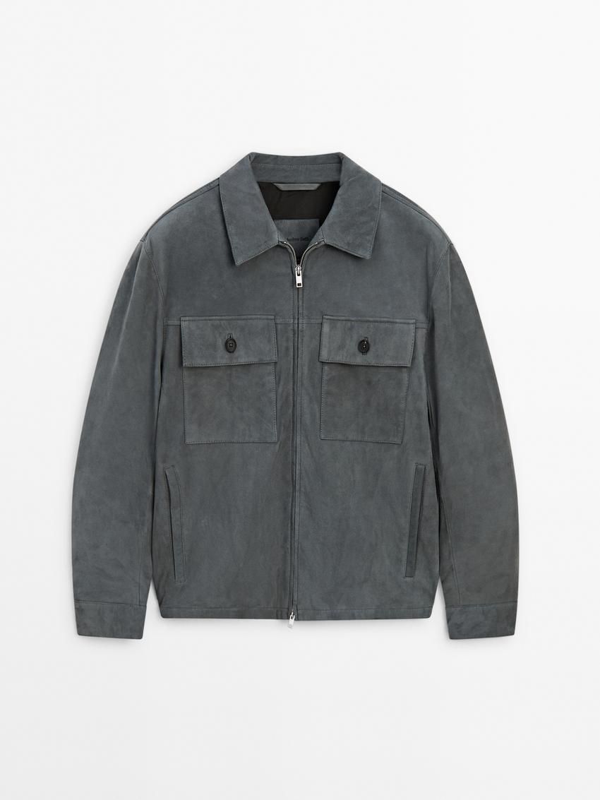 Massimo Dutti Short Suede Men Leather Jacket Blue Grey | US-SY1485637