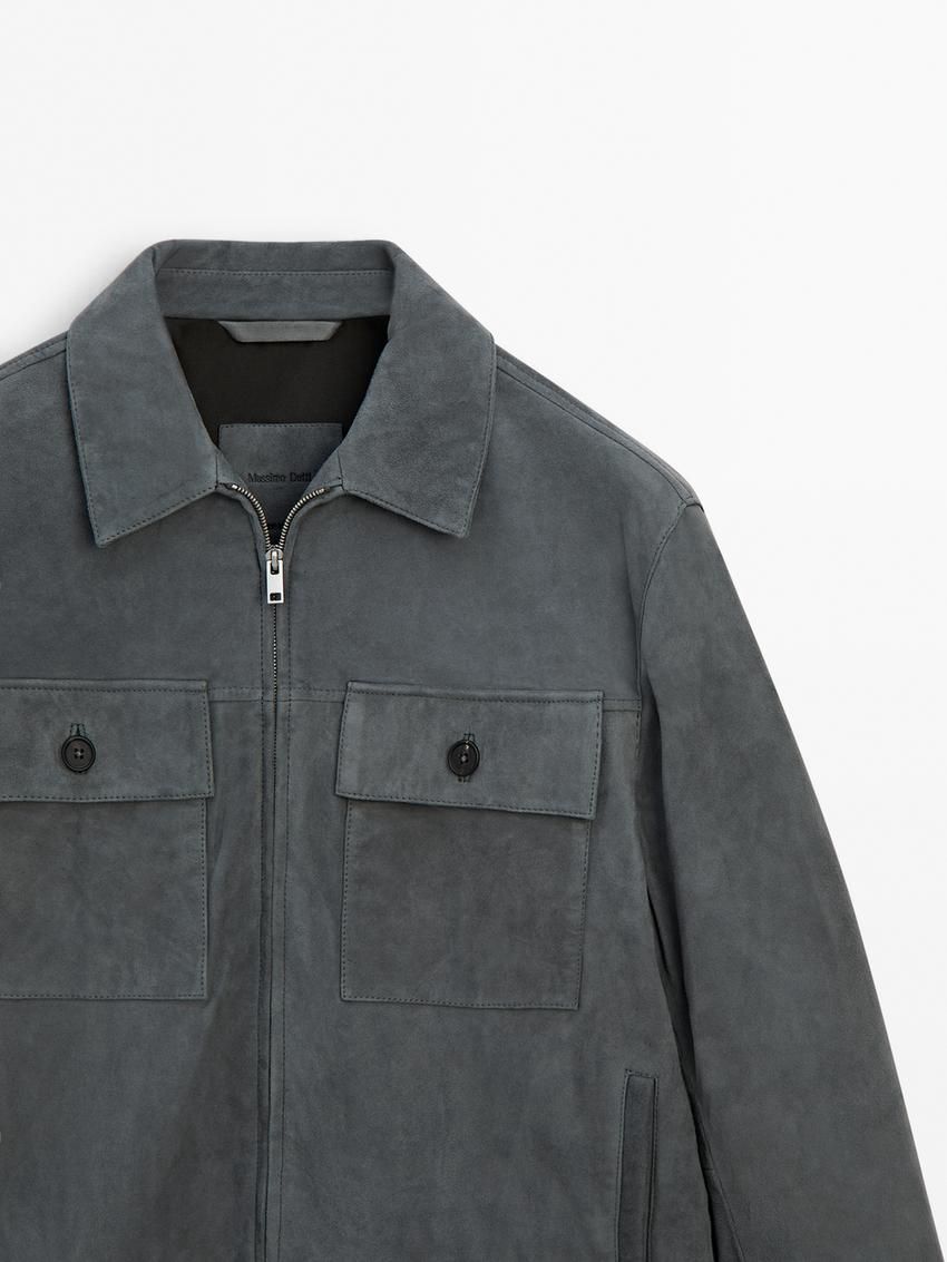 Massimo Dutti Short Suede Men Leather Jacket Blue Grey | US-SY1485637