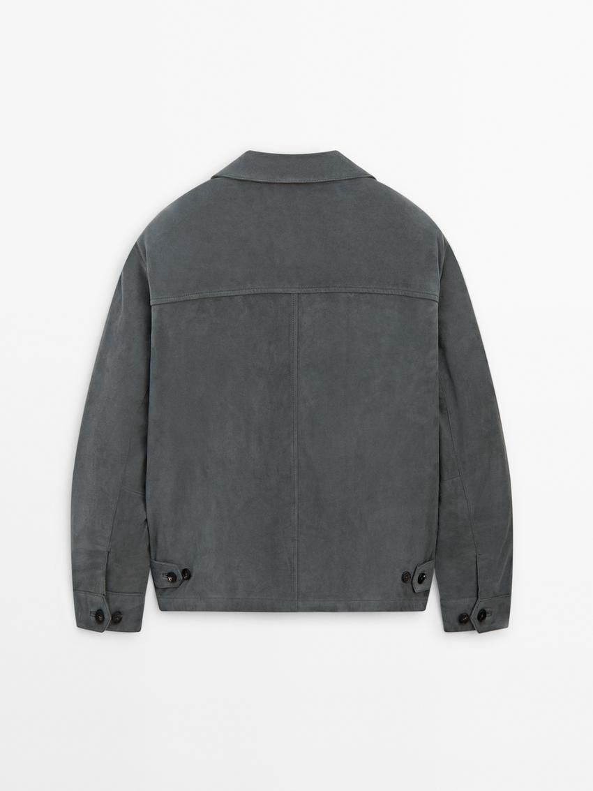 Massimo Dutti Short Suede Men Leather Jacket Blue Grey | US-SY1485637