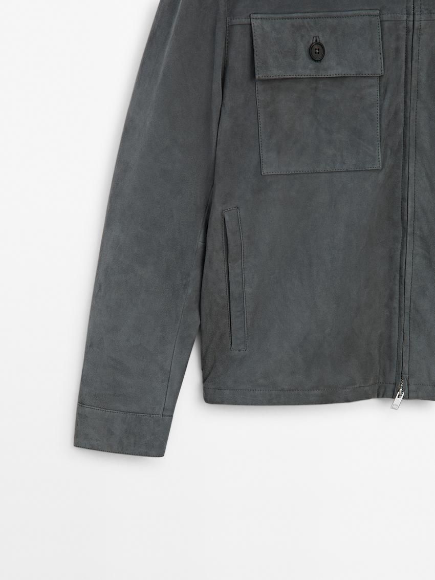 Massimo Dutti Short Suede Men Leather Jacket Blue Grey | US-SY1485637