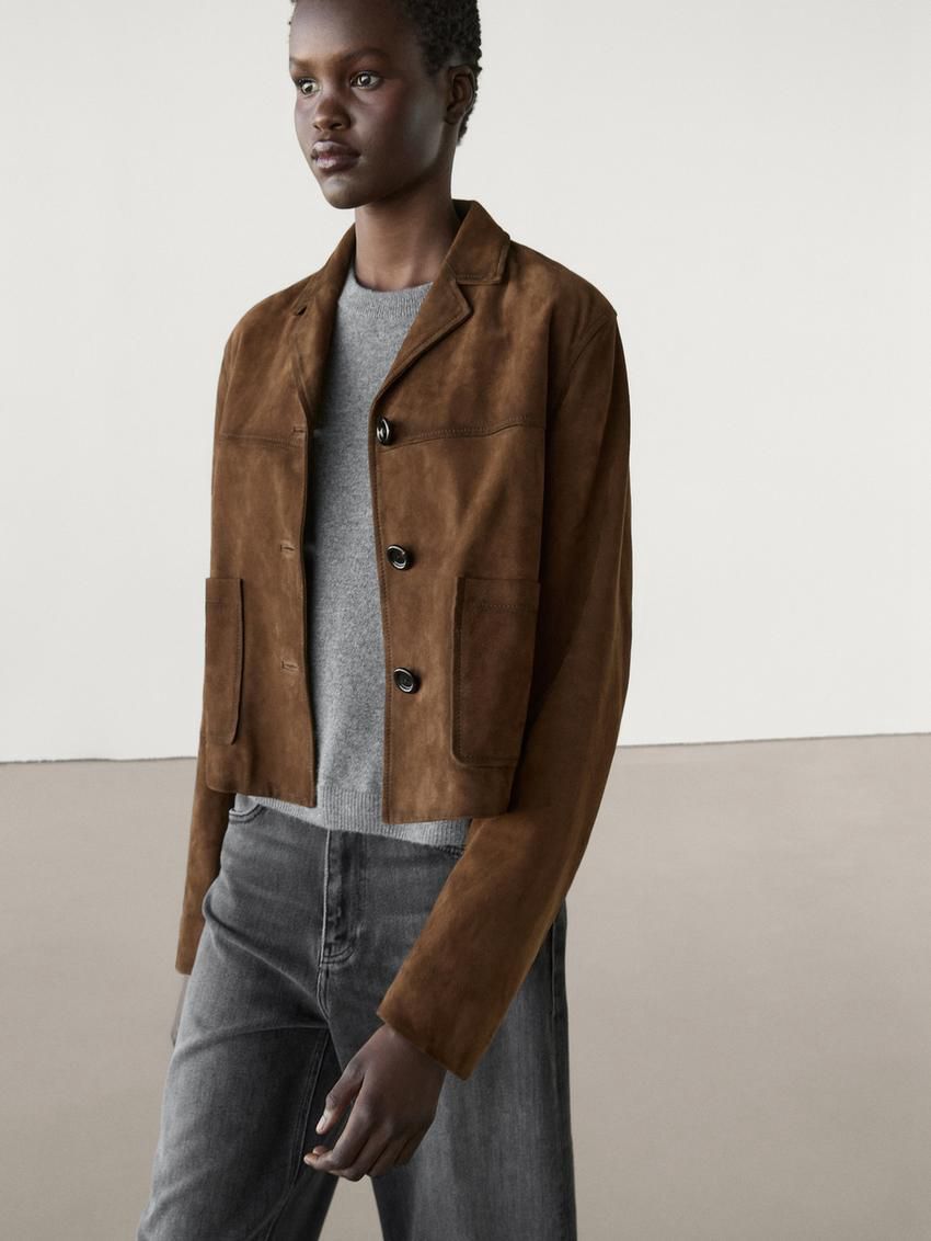 Massimo Dutti Short Suede With Pocket Details Women Leather Jacket Brown | US-SW9378120