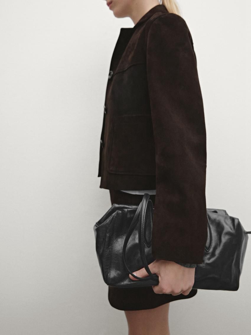 Massimo Dutti Short Suede Women Leather Jacket Dark Brown | US-QD0139586
