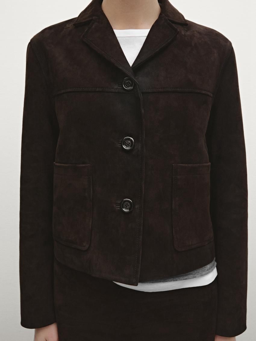 Massimo Dutti Short Suede Women Leather Jacket Dark Brown | US-QD0139586