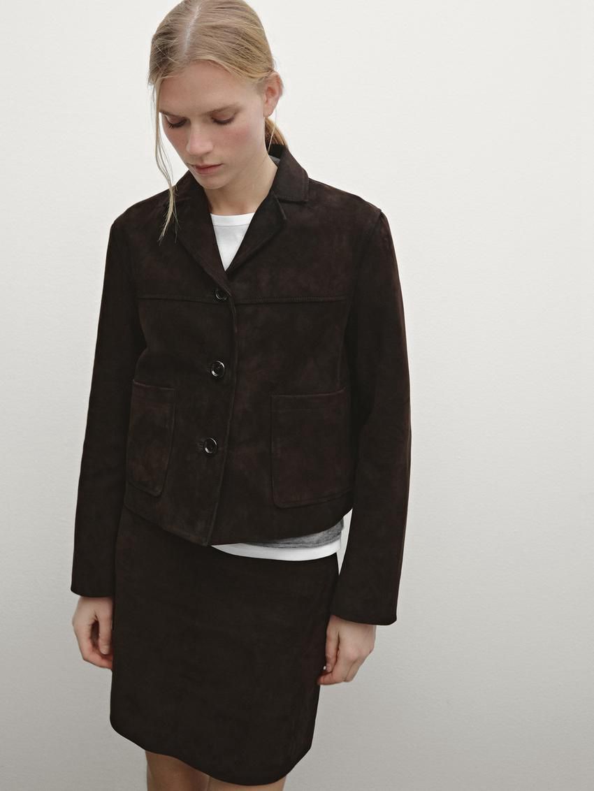 Massimo Dutti Short Suede Women Leather Jacket Dark Brown | US-QD0139586