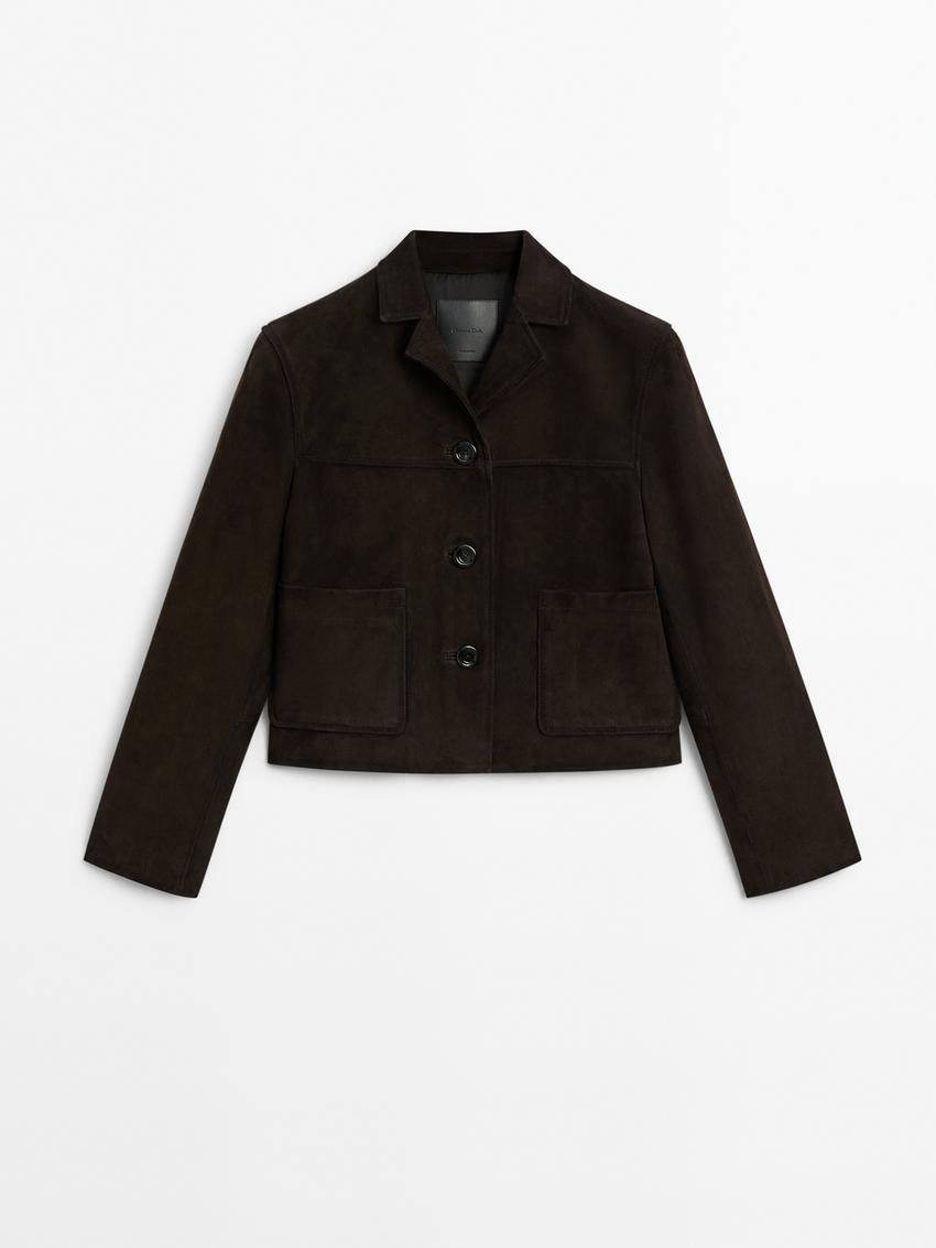 Massimo Dutti Short Suede Women Leather Jacket Dark Brown | US-QD0139586