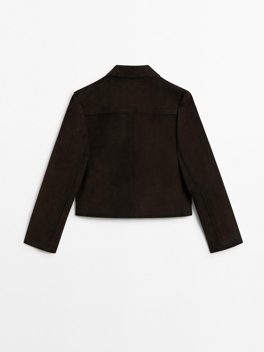 Massimo Dutti Short Suede Women Leather Jacket Dark Brown | US-QD0139586