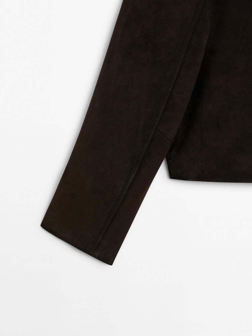 Massimo Dutti Short Suede Women Leather Jacket Dark Brown | US-QD0139586