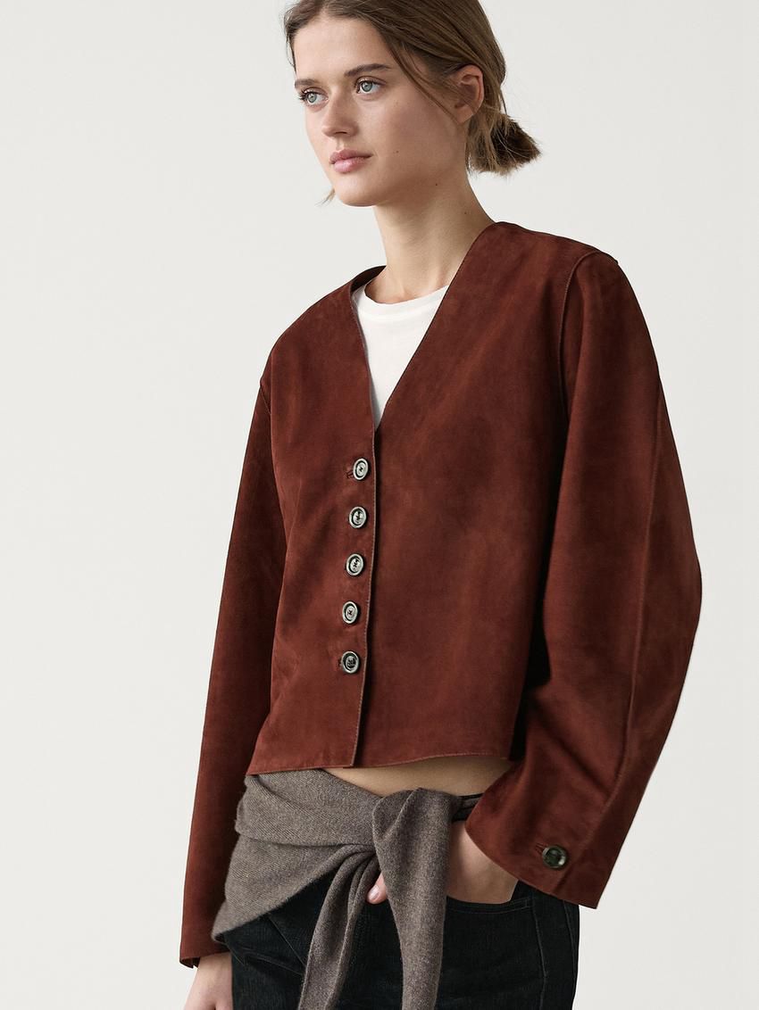 Massimo Dutti Short Suede Women Leather Jacket Brown Red | US-LA7834960