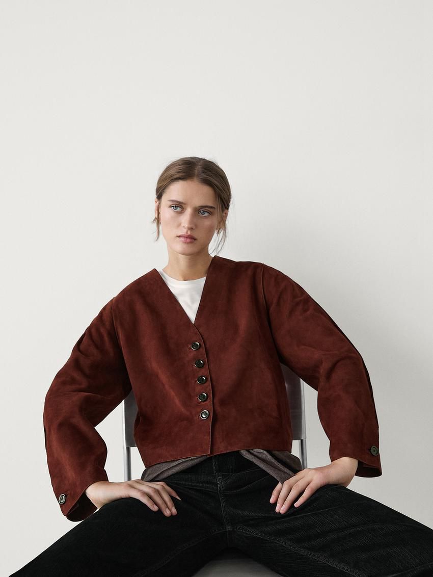 Massimo Dutti Short Suede Women Leather Jacket Brown Red | US-LA7834960