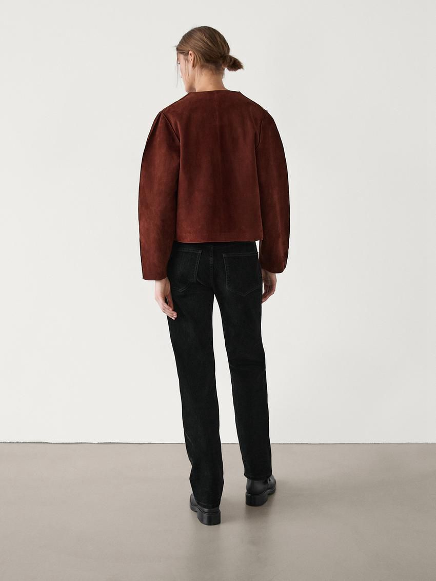 Massimo Dutti Short Suede Women Leather Jacket Brown Red | US-LA7834960