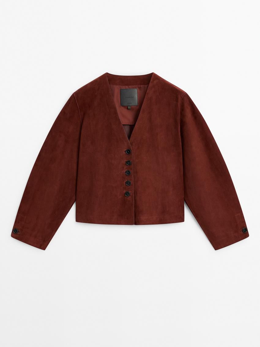 Massimo Dutti Short Suede Women Leather Jacket Brown Red | US-LA7834960