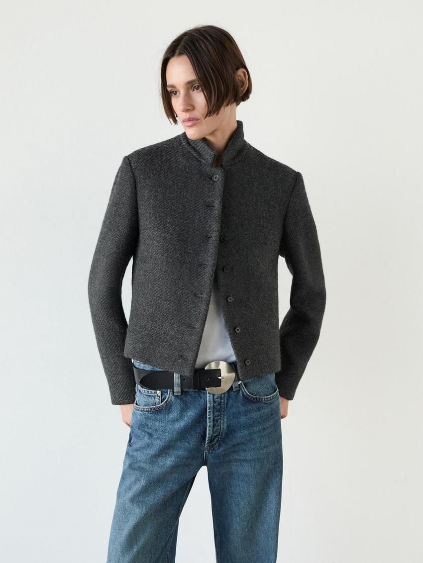 Massimo Dutti Short Textured Wool Blend Women Jacket Dark Grey | US-PZ2701643