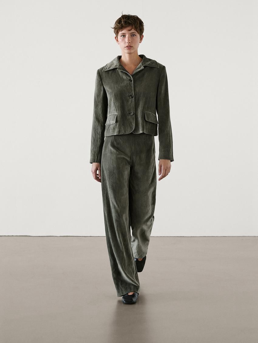 Massimo Dutti Short Velvet Co-ord Women Jacket Dark Green | US-FO6704521