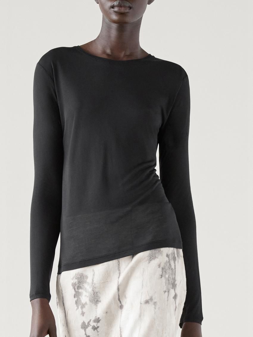Massimo Dutti Silk Modal Lightweight With Long Sleeves Women T-Shirt Black | US-YE5086372