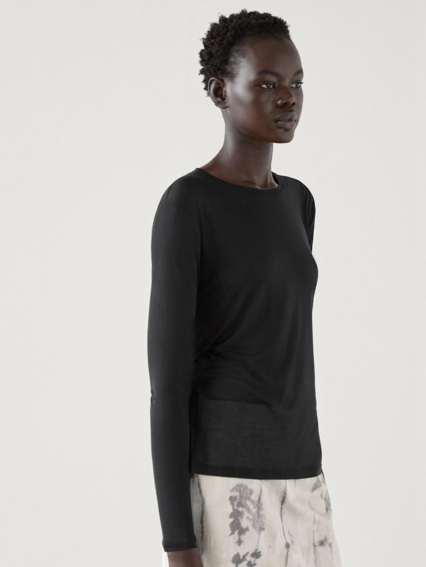 Massimo Dutti Silk Modal Lightweight With Long Sleeves Women T-Shirt Black | US-YE5086372