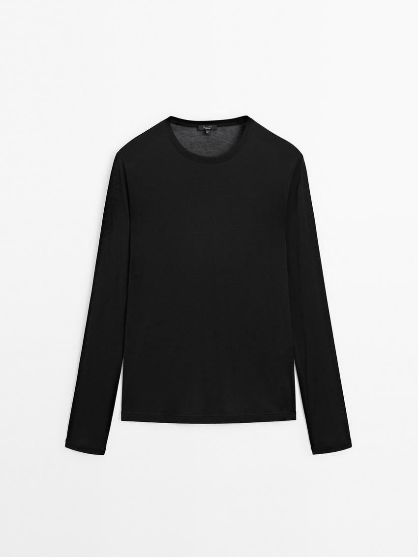 Massimo Dutti Silk Modal Lightweight With Long Sleeves Women T-Shirt Black | US-YE5086372