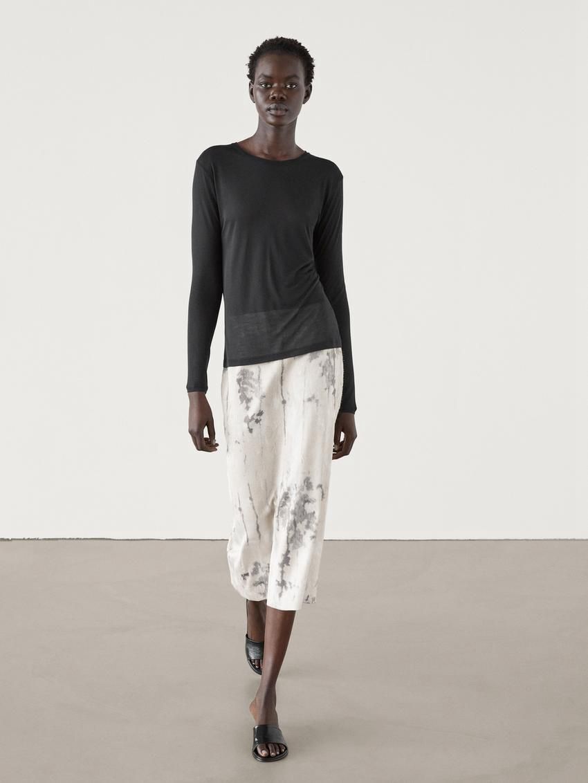 Massimo Dutti Silk Modal Lightweight With Long Sleeves Women T-Shirt Black | US-YE5086372