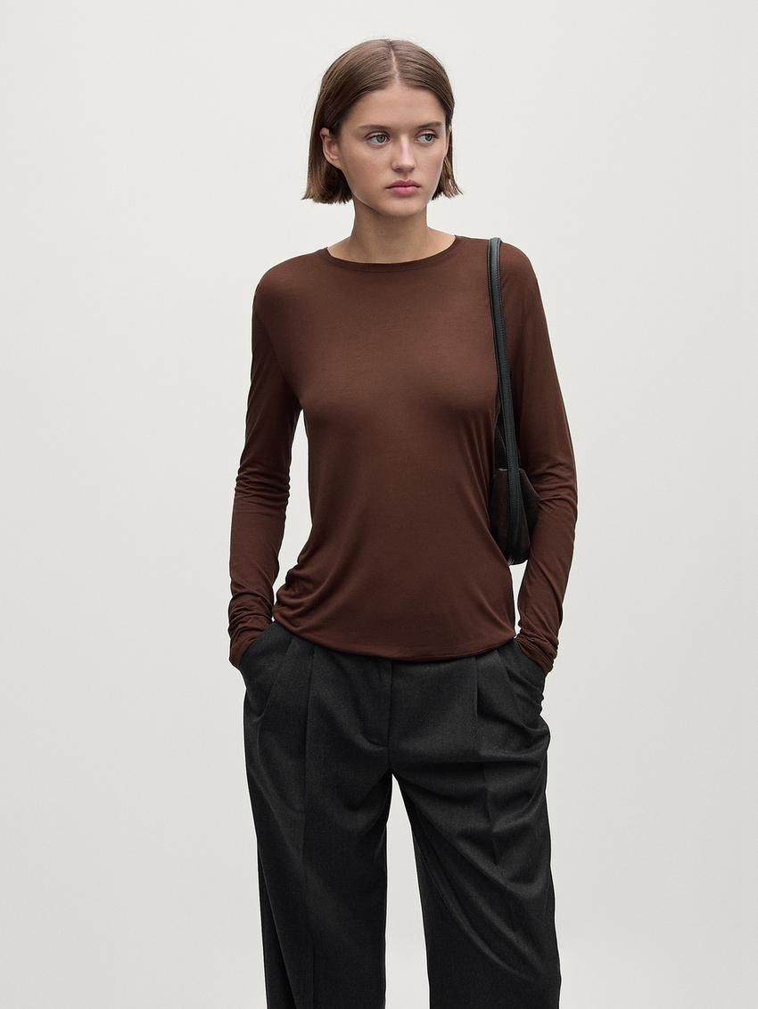 Massimo Dutti Silk Modal Lightweight With Long Sleeves Women T-Shirt Dark Brown | US-YP5740932